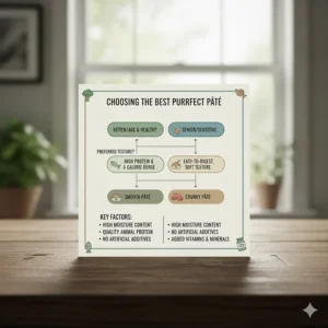A flow chart graphic outlining the key factors for choosing the best cat pate, such as texture, protein, and moisture content.