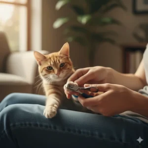 A step-by-step guide illustrating how to trim a cat's nails before applying the claw coverings.