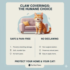 An infographic highlighting the safety of cat claw coverings as a humane alternative to declawing.