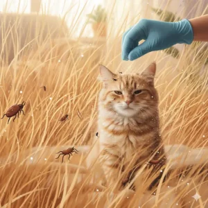 A magnified view of a cat's fur, revealing tiny black specks of flea dirt, which are a clear indicator of a flea problem.