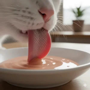 Extreme close-up of a pink cat tongue actively licking a thick, creamy cat snack treat.