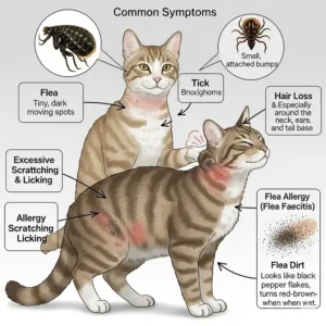 A diagram illustrating common symptoms of flea and tick infestation in cats, such as hair loss, red skin, and excessive scratching.