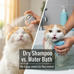 A split image showing a cat enjoying a dry shampoo application on one side and a cat looking stressed from a traditional water bath on the other, highlighting the benefits of dry flea shampoo.