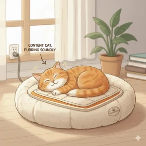 A happy, content cat purring while sleeping soundly in a plush, heated cat bed, showcasing the comfort and appeal of a warm sleeping spot.