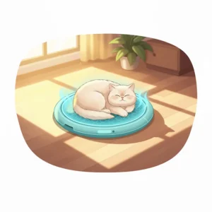 A cooling cat bed placed in a patch of sunlight, demonstrating its effectiveness even in warmer environments.