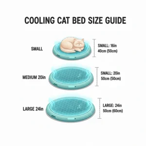 A diagram illustrating the different sizes of cooling cat beds available, helping customers choose the right one for their pet.