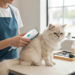 A person using a lightweight, cordless cat hair clipper to comfortably groom their pet without the restriction of a cord.