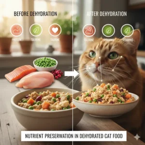 Infographic illustrating the preservation of essential nutrients, like protein and taurine, in dehydrated cat food.
