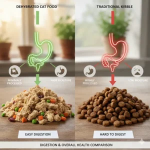 Diagram showing how minimally processed dehydrated cat food supports better digestion and overall feline health compared to heavily processed alternatives.