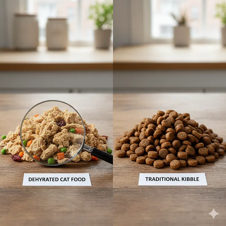 Visual comparison of nutrient-dense dehydrated cat food pieces next to traditional processed kibble, highlighting the quality difference.