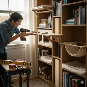 A do-it-yourself project showing a person adding a new perch to their bookshelf cat tower.