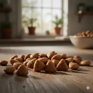 Macro view of dry salmon cat food kibble, showing texture and size for cats.