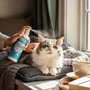 A senior cat relaxing while being treated with a gentle, no-rinse dry flea shampoo, ideal for older pets.