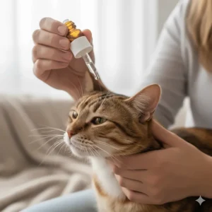 A cat receiving ear drops, illustrating the proper way to administer treatment for ear infections in felines.