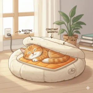 A diagram showing a cat bed with a heating pad and a power cord, demonstrating an electric heated cat bed that provides constant warmth.