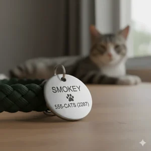 A detailed shot of an engraved cat ID tag showing the clear, legible text of a cat's name and owner's contact information.