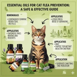 A visual guide to essential oils that are safe and effective for cat flea prevention, such as cedarwood and peppermint.