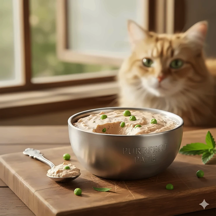 A close-up of premium cat pate in a small silver bowl, ready for a cat to eat.