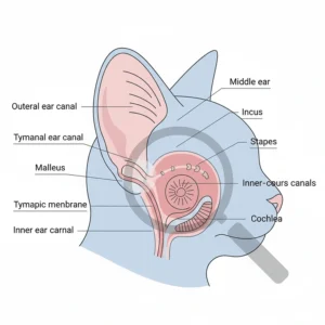 A diagram showing the internal anatomy of a cat's ear, highlighting the ear canal and eardrum.