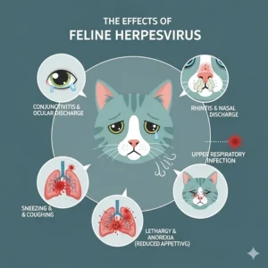 An infographic illustrating the effects of feline herpesvirus, a common viral cause of sneezing and watery eyes in cats.
