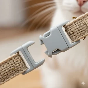 Close-up of a natural flea collar's safety breakaway clasp, an important safety feature for cats.