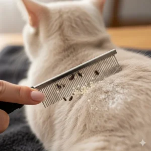 A fine-toothed flea comb being used on a cat's fur, demonstrating how to remove dead fleas and eggs after using dry flea shampoo for cats.