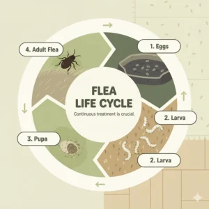 A detailed diagram illustrating the four stages of the flea life cycle: egg, larva, pupa, and adult, highlighting why continuous treatment is crucial.