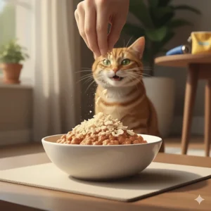 Crumbled freeze dried treats sprinkled over wet cat food to encourage a picky eater.