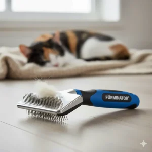A detailed, high-resolution image of the FURminator for cats tool itself, showcasing its unique stainless steel edge and ergonomic handle.