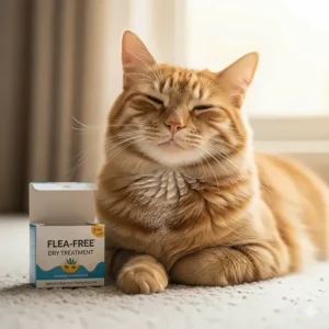 A content, relaxed cat after a successful dry flea treatment, illustrating the pet's comfort and relief.