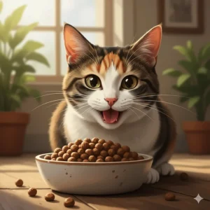 An illustration of a happy, healthy cat enjoying a bowl of Abound cat food, showing its enthusiasm for the high-quality ingredients.
