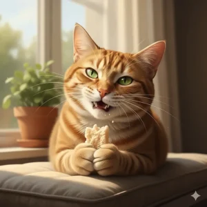 A contented tabby cat happily crunching on a single freeze dried treat.