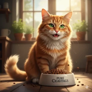 A vibrant illustration of a contented cat enjoying a bowl of Pure Cravings cat food, its tail flicking happily.