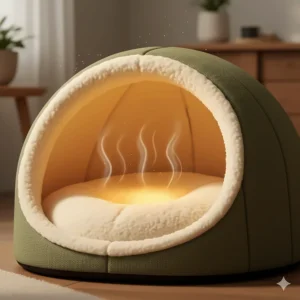 A close-up shot of the plush, soft interior of a heated cat bed, with a gentle glow emanating from the warming element.