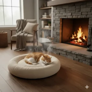 A stylish heated cat bed placed next to a fireplace in a cozy living room, showing how it fits into a home's decor while providing comfort.