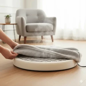 A hand removing the washable cover from a popular heated cat bed, emphasizing the ease of cleaning and maintenance.