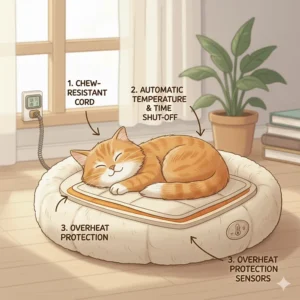 A simple infographic highlighting key safety features of a heated cat bed, such as chew-resistant cords and automatic shut-off functions.