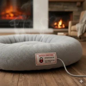 A product label on a heated cat bed, listing safety features like chew-resistant cords and automatic shut-off.
