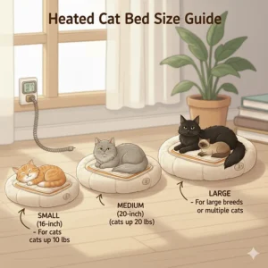A chart illustrating different sizes of heated cat beds with various cat breeds for scale, helping pet owners choose the right size for their cat.