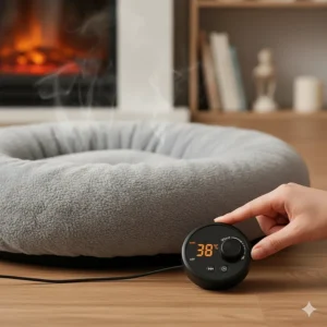 An image showing the temperature control knob on a heated cat bed, highlighting a key feature for adjustable warmth.