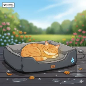 A waterproof, heated cat bed designed for outdoor use, highlighting its durability and weather-resistant features.