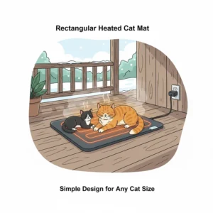 A rectangular heated cat mat is placed on a covered porch, showing a sleek and simple design suitable for different-sized cats.