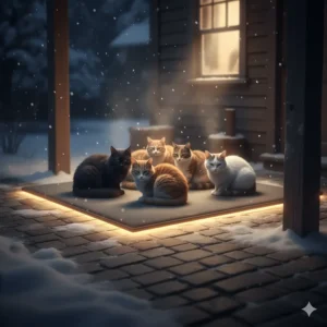 A humanitarian photo showing a few stray cats huddled together on a large, communal outdoor heating pad placed under a porch to help them survive the cold.