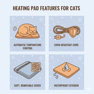 An infographic illustrating key features of an outdoor cat heating pad, such as chew-resistant cords, automatic temperature control, and a soft, removable cover.