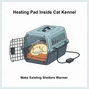 A heated cat bed insert or pad is placed inside a hard plastic cat kennel, demonstrating how it can be used to make existing shelters warmer.