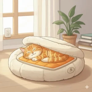 A cute cat peeking out of a hooded or cave-style heated cat bed, emphasizing the secure and private feeling it provides.