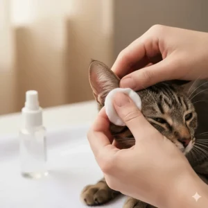 A person gently cleaning a cat's ear canal with a cotton ball, showing the preparation step before applying drops.