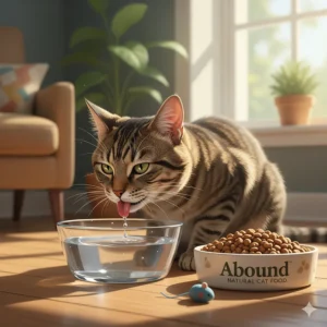 An illustration of a cat drinking water next to a bowl of Abound cat food, highlighting the importance of a complete and healthy lifestyle for pets.