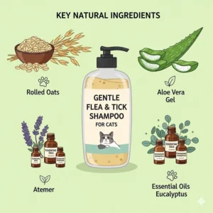 A graphic showing key natural ingredients often found in gentle flea and tick shampoo for cats, such as oatmeal, aloe vera, and essential oils.