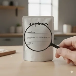 Detail shot of the short, natural ingredients list on an Applaws complementary wet cat food product.